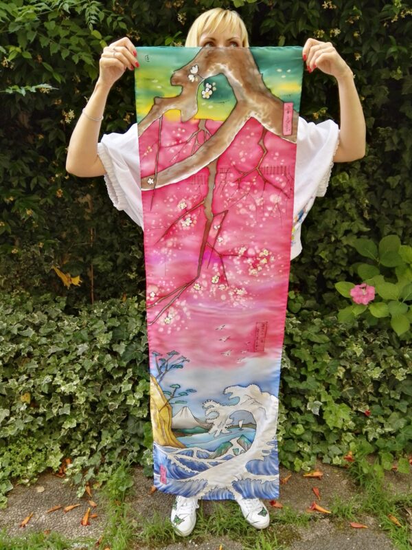 Japanese spring. Hand painted 100% silk long scarf