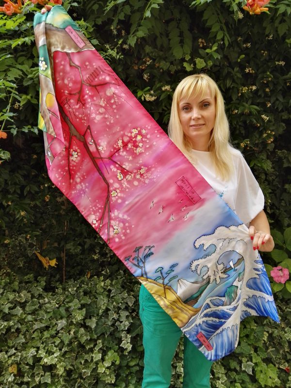 Japanese spring. Hand painted 100% silk long scarf