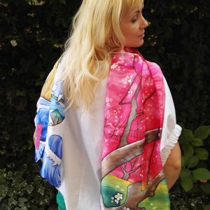 Japanese spring. Hand painted 100% silk long scarf