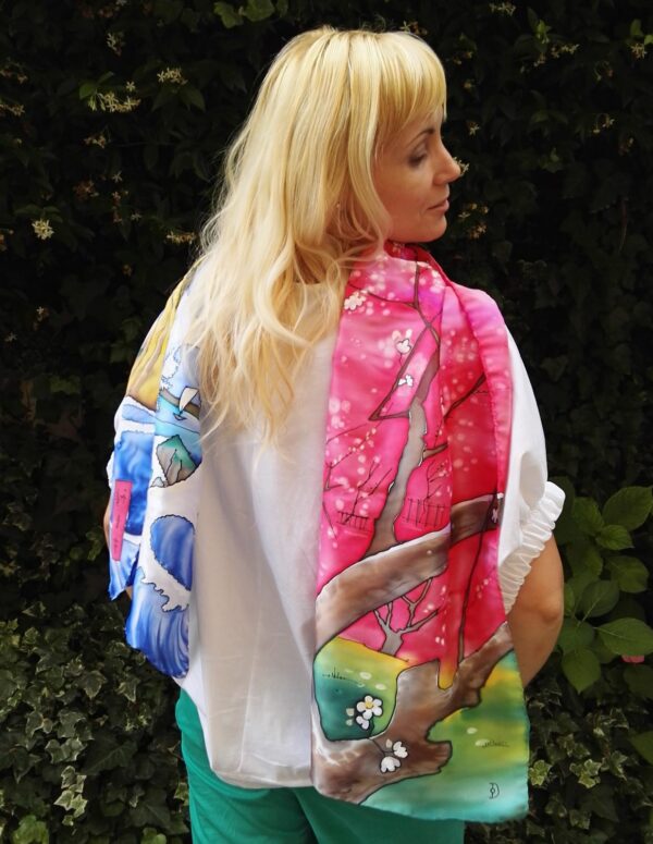 Japanese spring. Hand painted 100% silk long scarf