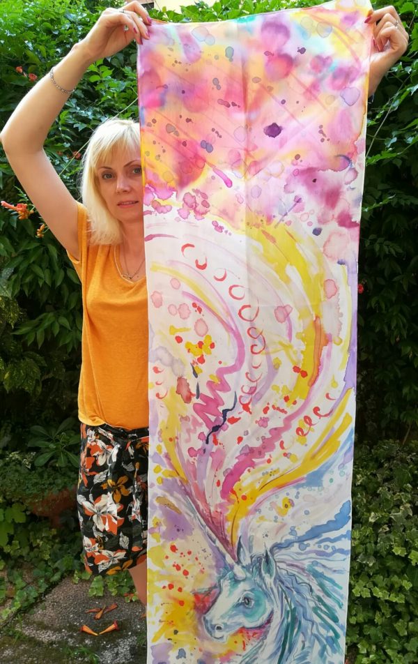 The Magic Unicorn hand painted silk scarf. Original author’s painting on silk watercolor effect. Best gift for birthdays
