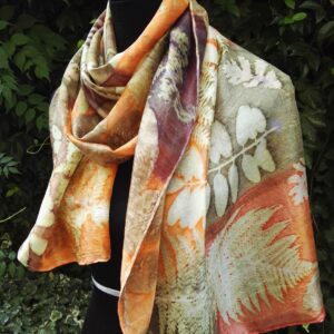 Orange bronze autumn botanical print 100% silk scarf