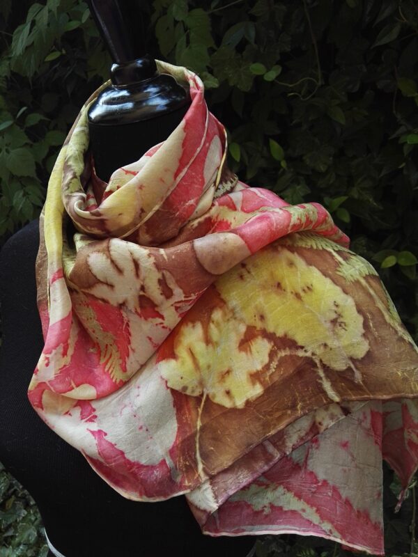Red and bronze botanical print handdyed 100% silk scarf