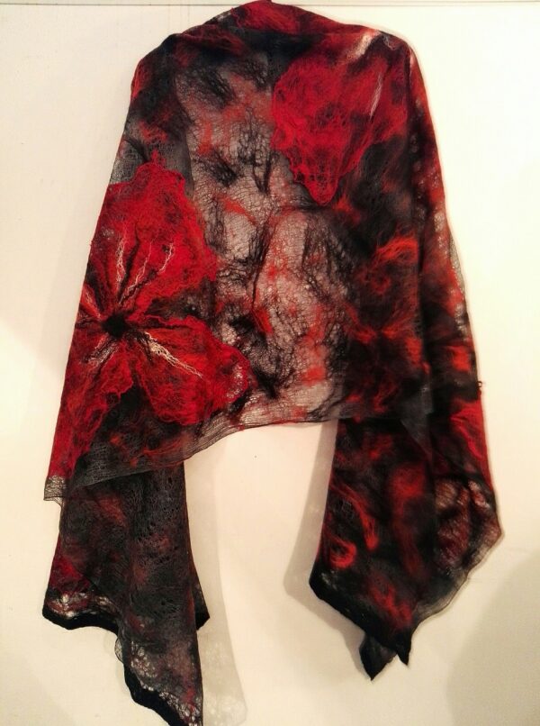 Big red flower nunofelted silk and merino wool shawl/stole/scarf