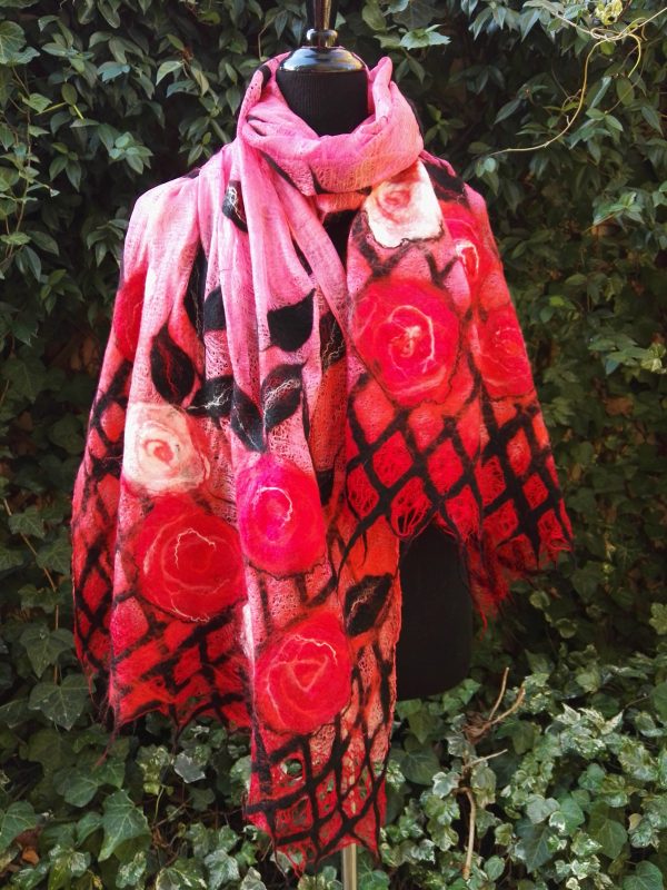 Red roses for you. Wetfelted margilan silk and merino wool stole/scarf/shawl/ wrap