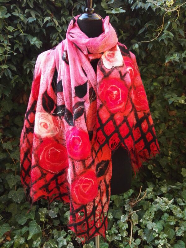 Red roses for you. Wetfelted margilan silk and merino wool stole/scarf/shawl/ wrap
