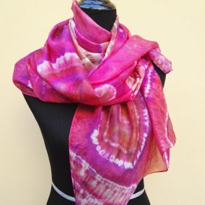 Shibori tie dye hand dyed long silk scarf. Original authentic accessory to combine modern outfit. Colorful accent of you look.