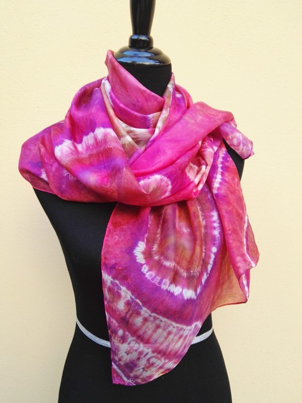 Shibori tie dye hand dyed long silk scarf. Original authentic accessory to combine modern outfit. Colorful accent of you look.