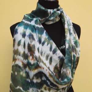 Shibori tie dye hand dyed long silk scarf. Original authentic accessory to combine modern outfit. Colorful accent of you look.