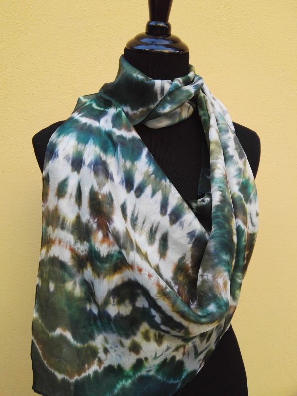 Shibori tie dye hand dyed long silk scarf. Original authentic accessory to combine modern outfit. Colorful accent of you look.