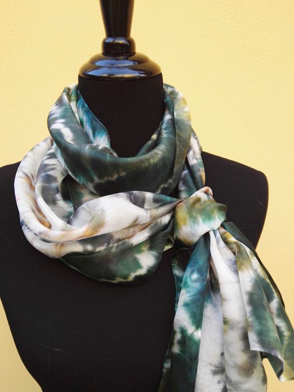 Shibori tie dye hand dyed long silk scarf. Original authentic accessory to combine modern outfit. Colorful accent of you look.