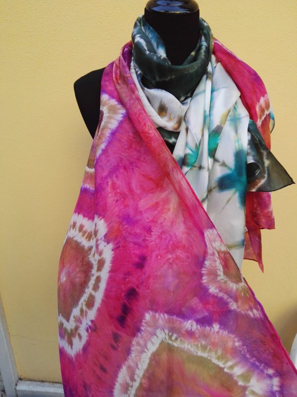 Shibori tie dye hand dyed long silk scarf. Original authentic accessory to combine modern outfit. Colorful accent of you look.
