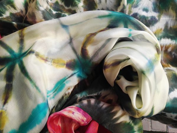 Itajime shibori hand dyed 100% silk scarf.