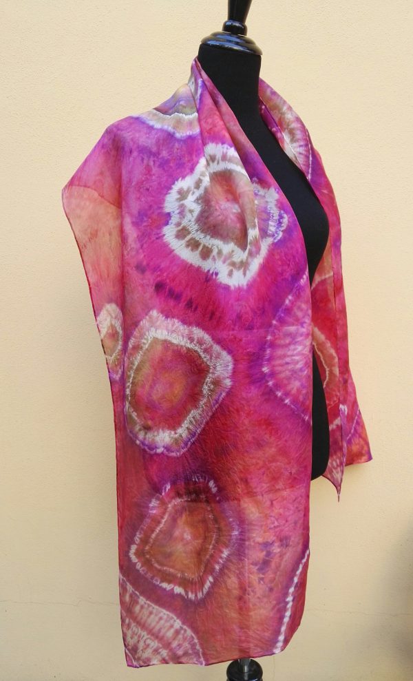 Shibori tie dye hand dyed long silk scarf. Original authentic accessory to combine modern outfit. Colorful accent of you look.