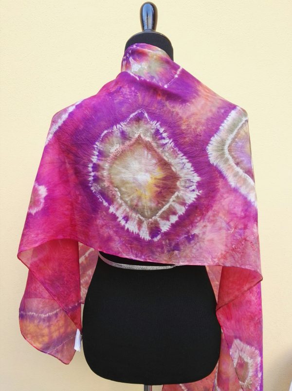 Shibori tie dye hand dyed long silk scarf. Original authentic accessory to combine modern outfit. Colorful accent of you look.