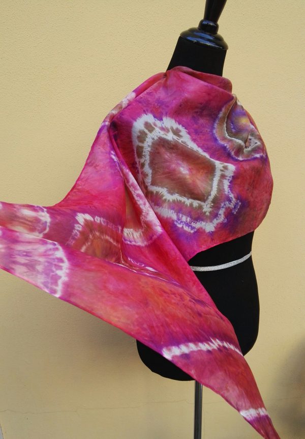 Shibori tie dye hand dyed long silk scarf. Original authentic accessory to combine modern outfit. Colorful accent of you look.