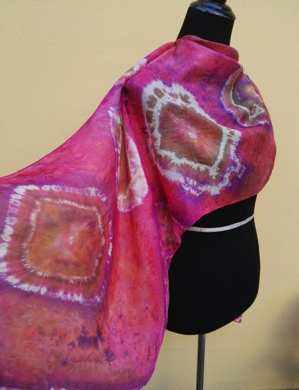 Shibori tie dye hand dyed long silk scarf. Original authentic accessory to combine modern outfit. Colorful accent of you look.
