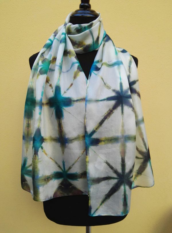 Itajime shibori hand dyed 100% silk scarf.
