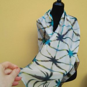 Itajime shibori hand dyed 100% silk scarf.