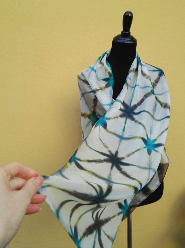 Itajime shibori hand dyed 100% silk scarf.