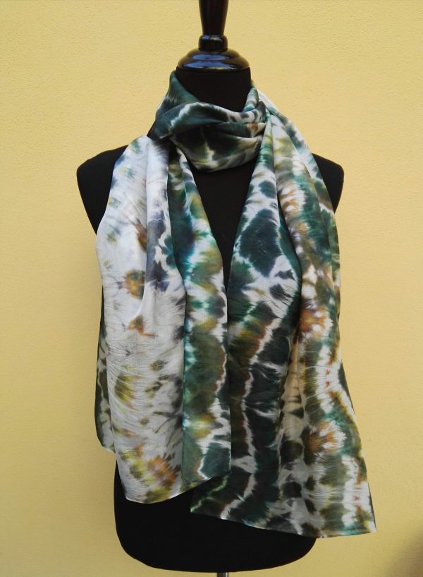 Shibori tie dye hand dyed long silk scarf. Original authentic accessory to combine modern outfit. Colorful accent of you look.