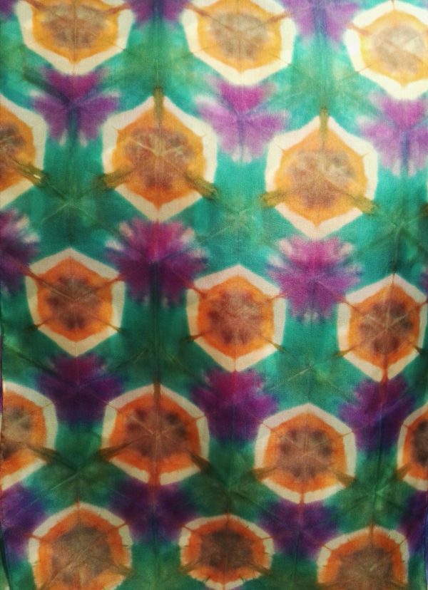 Itajime shibori hand dyed 100% silk scarf. Colorful accessory for modern outfit