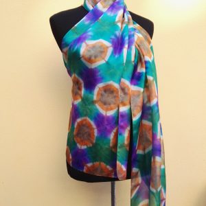 Itajime shibori hand dyed 100% silk scarf. Colorful accessory for modern outfit