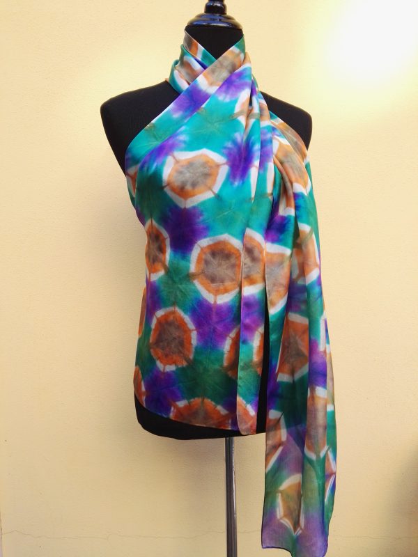 Itajime shibori hand dyed 100% silk scarf. Colorful accessory for modern outfit