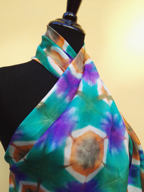 Itajime shibori hand dyed 100% silk scarf. Colorful accessory for modern outfit