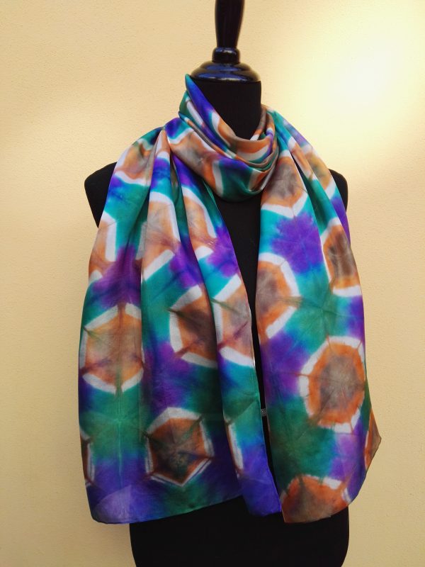 Itajime shibori hand dyed 100% silk scarf. Colorful accessory for modern outfit