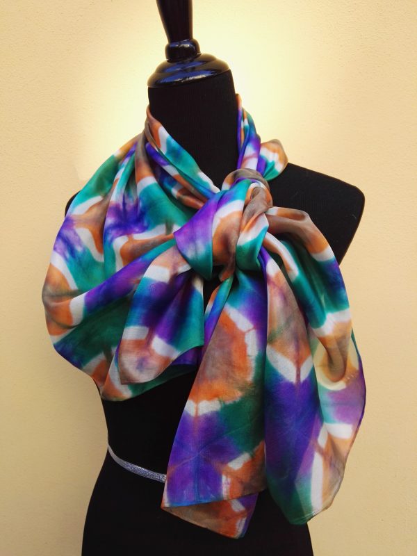 Itajime shibori hand dyed 100% silk scarf. Colorful accessory for modern outfit