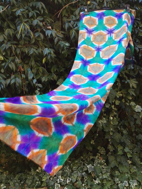 Itajime shibori hand dyed 100% silk scarf. Colorful accessory for modern outfit