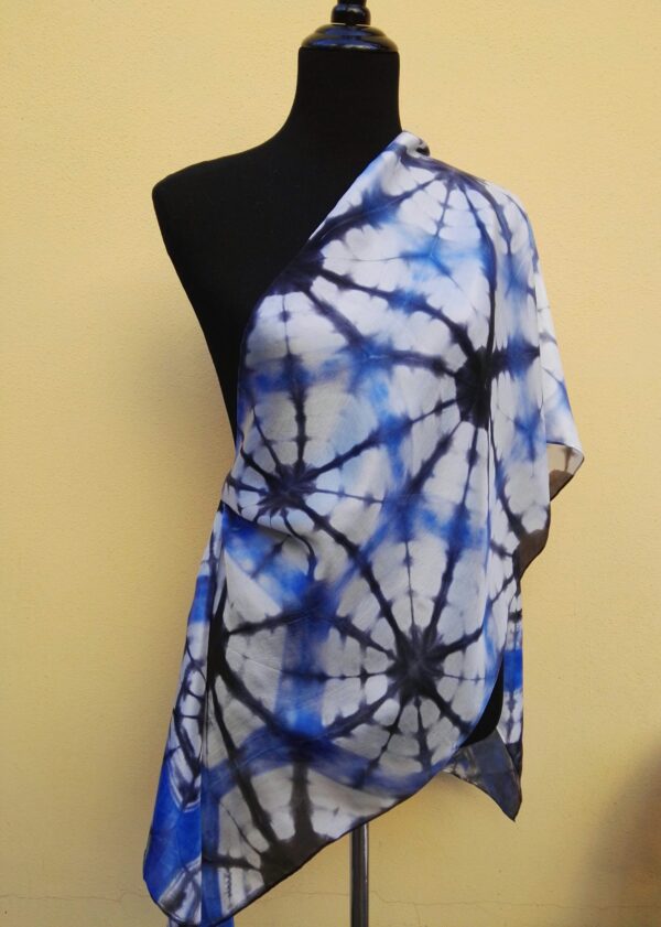 Itajime shibori hand dyed 100% silk scarf. Colorful accessory for modern outfit