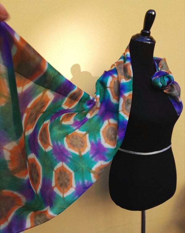 Itajime shibori hand dyed 100% silk scarf. Colorful accessory for modern outfit