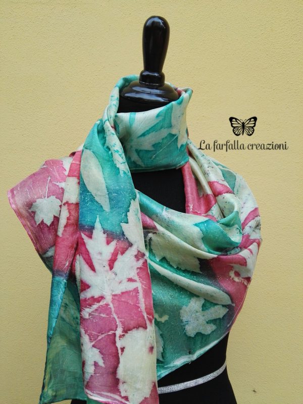 Mistical forest. Handdyed red and emerald green silk scarf with mix of plants imprinted. Original accessory. Best gift for women