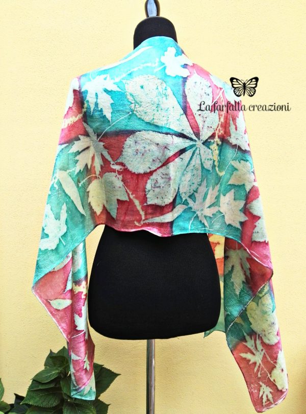 Mistical forest. Handdyed red and emerald green silk scarf with mix of plants imprinted. Original accessory. Best gift for women