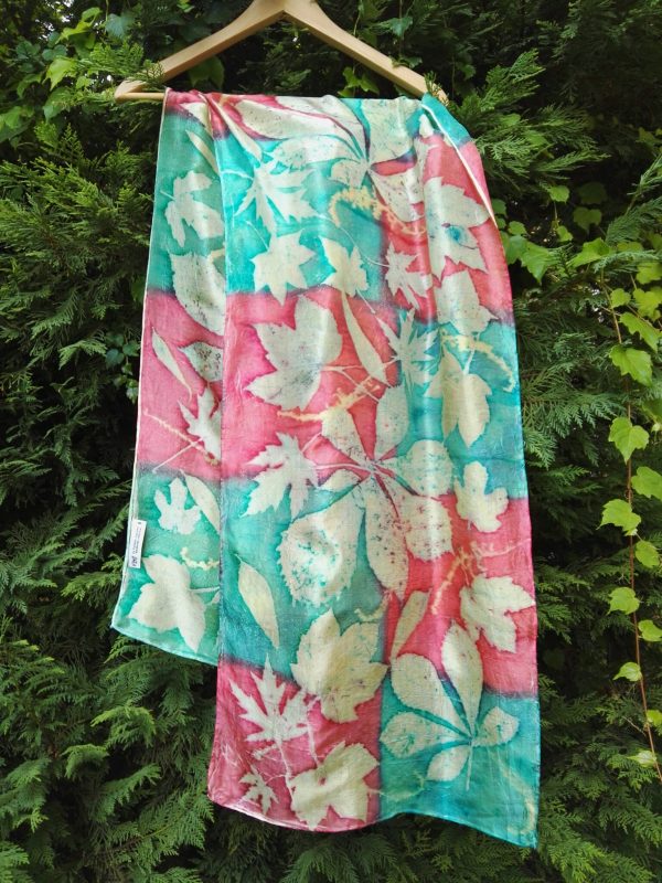 Mistical forest. Handdyed red and emerald green silk scarf with mix of plants imprinted. Original accessory. Best gift for women