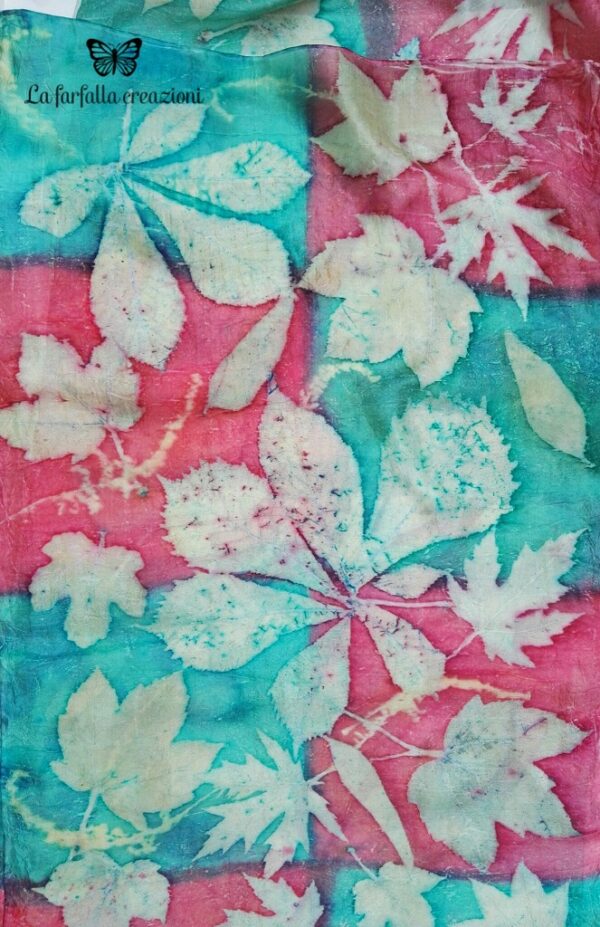 Red emerald green botanical print handdyed 100% silk scarf