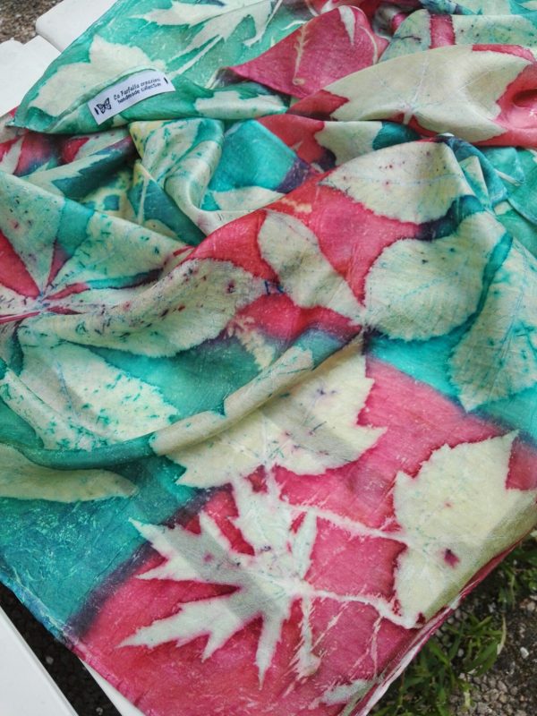 Mistical forest. Handdyed red and emerald green silk scarf with mix of plants imprinted. Original accessory. Best gift for women