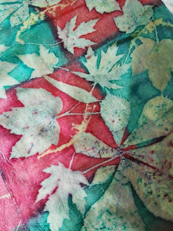 Mistical forest. Handdyed red and emerald green silk scarf with mix of plants imprinted. Original accessory. Best gift for women