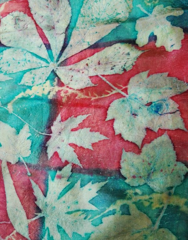 Mistical forest. Handdyed red and emerald green silk scarf with mix of plants imprinted. Original accessory. Best gift for women