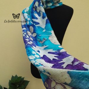 Blue turquoise violet 100% hand dyed silk scarf with impressed real leaves. Botanical print. Best gift fo women. Original accessory.