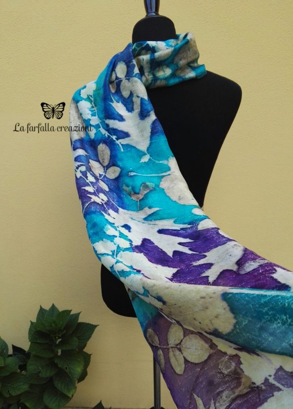 Blue turquoise violet 100% hand dyed silk scarf with impressed real leaves. Botanical print. Best gift fo women. Original accessory.