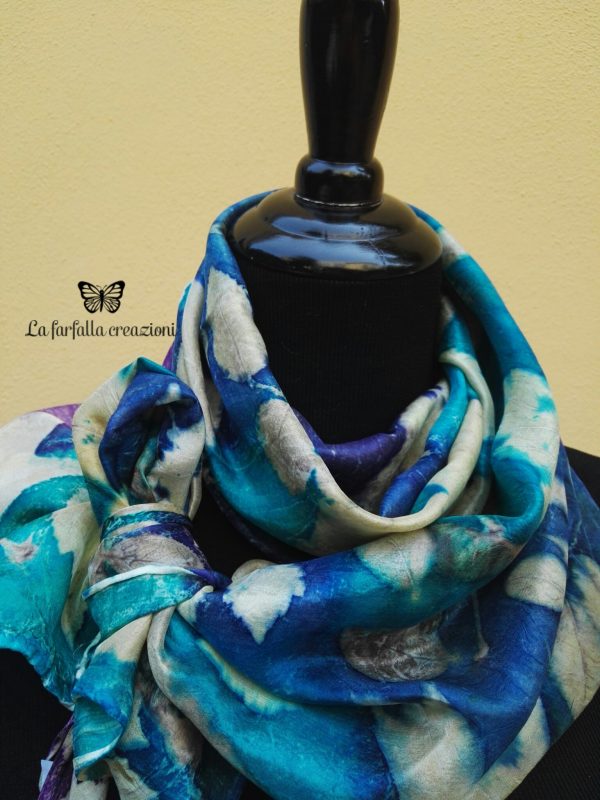 Blue turquoise violet 100% hand dyed silk scarf with impressed real leaves. Botanical print. Best gift fo women. Original accessory.