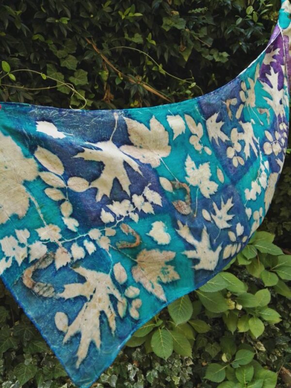Blue turquoise violet 100% hand dyed silk scarf with impressed real leaves. Botanical print. Best gift fo women. Original accessory.