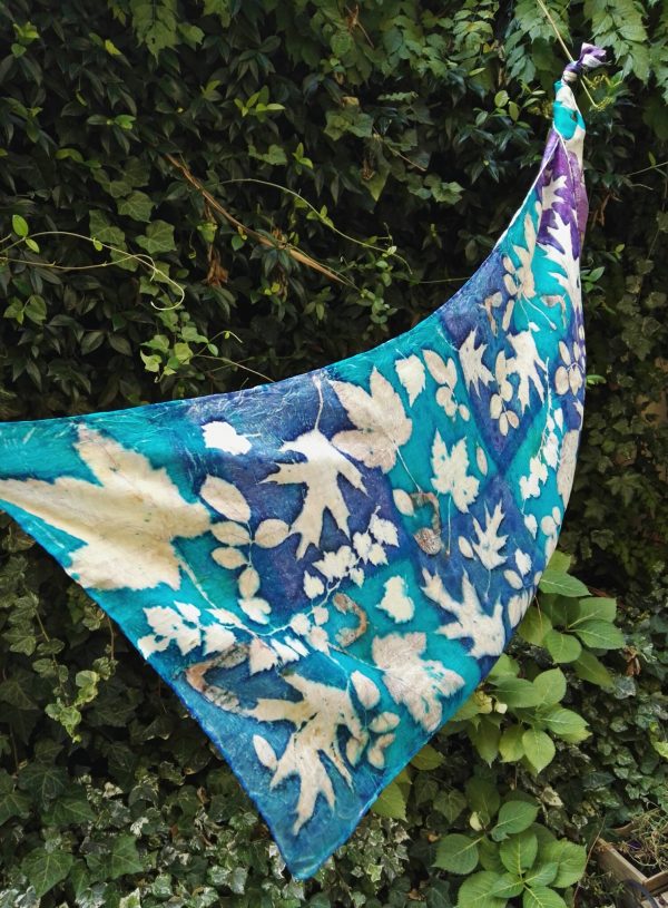 Blue turquoise violet 100% hand dyed silk scarf with impressed real leaves. Botanical print. Best gift fo women. Original accessory.