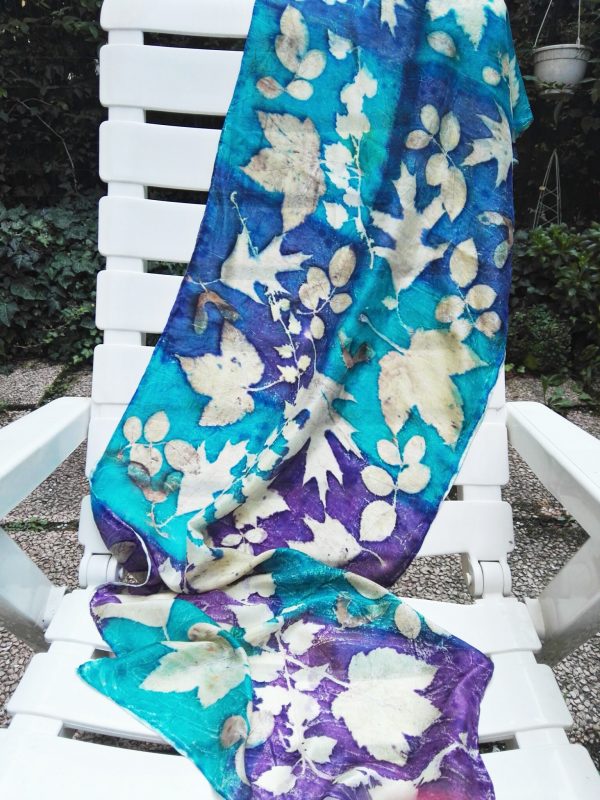 Blue turquoise violet 100% hand dyed silk scarf with impressed real leaves. Botanical print. Best gift fo women. Original accessory.