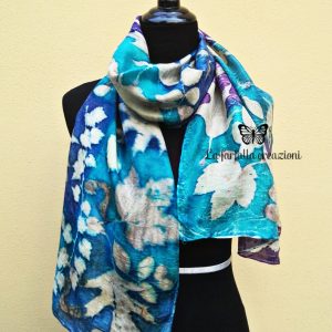 Blue turquoise violet 100% hand dyed silk scarf with impressed real leaves. Botanical print. Best gift fo women. Original accessory.