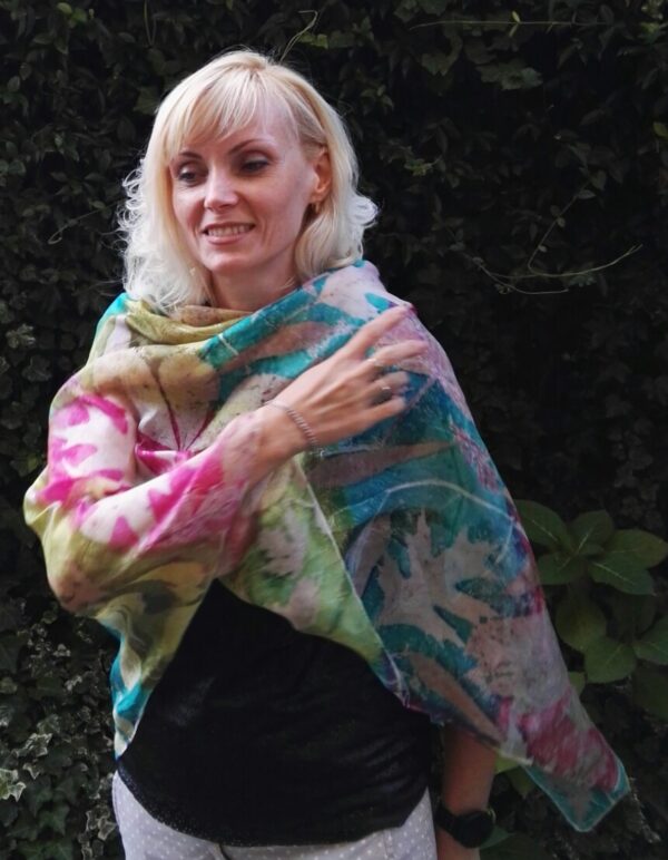 Botanical print 100% silk scarf with imprinted real leaves. Original gift accessory for women.