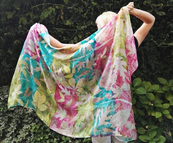 Botanical print 100% silk scarf with imprinted real leaves. Original gift accessory for women.